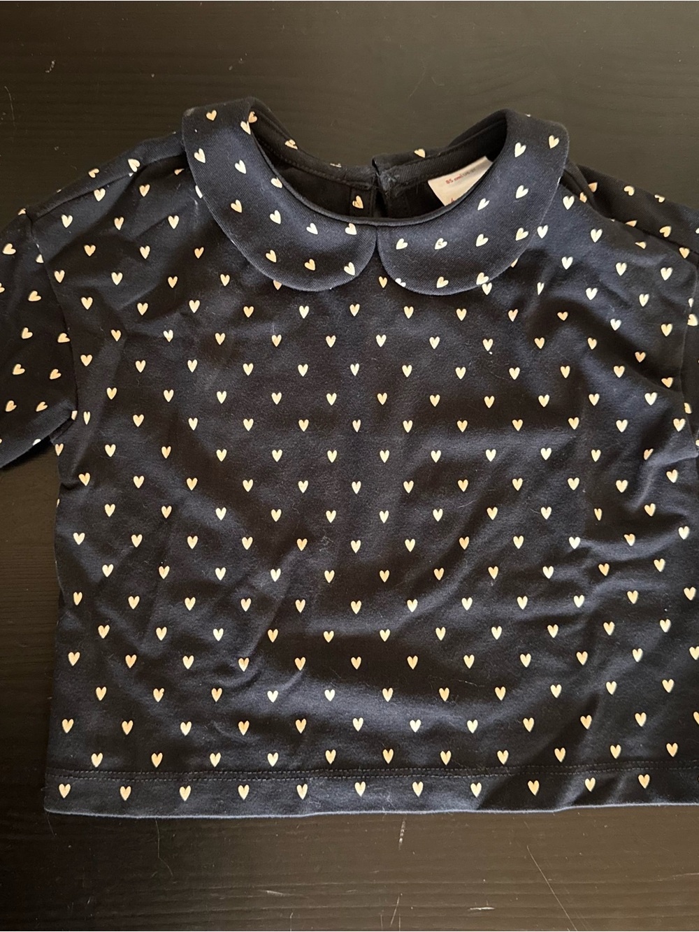 Hanna Andersson Black Top with Cream Heart Print and Peter Pan Collar